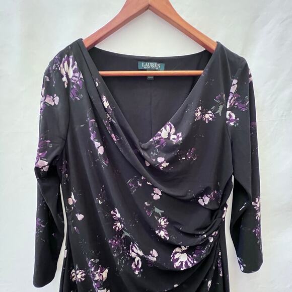 Lauren Ralph Lauren Women's Floral Black V-Neck Ruched 3/4 Long-Sleeve Dress 14P - Picture 4 of 9